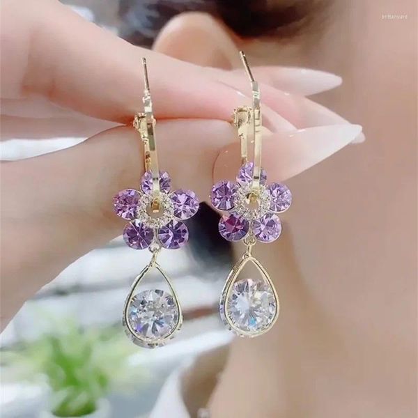 Pendientes De aro coreanos con flores De cristal para Mujer y niña, aretes colgantes largos a la moda, joyería para fiesta De boda, Aretes De Mujer