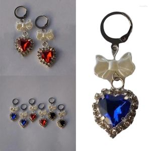 Boucles d'oreilles créoles coréennes élégantes avec nœud papillon pour femmes, mode colorée en forme de cœur en cristal, bijoux de fête, cadeau