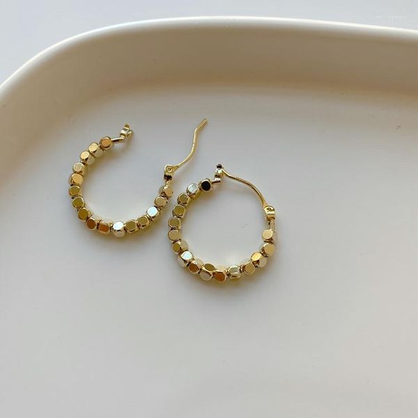 Pendientes de aro con cuentas de oro coreano para mujer y niña, aretes circulares llamativos hechos a mano, joyería sencilla y elegante, venta al por mayor