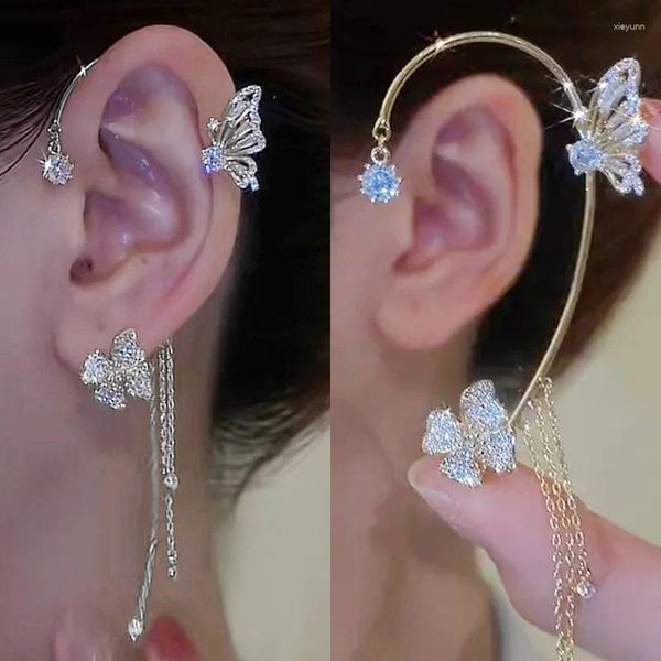 Boucles d'oreilles cerceaux coréen or argent couleur cristal Clip de papillon pour femmes en strass scintillante choucheur de mariage sucré bijoux