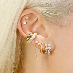 Pendientes de aro coreanos de cristal de lujo para mujer, pendientes de perlas de circón, joyería falsa, pendientes con Clip para hueso del oído, puños
