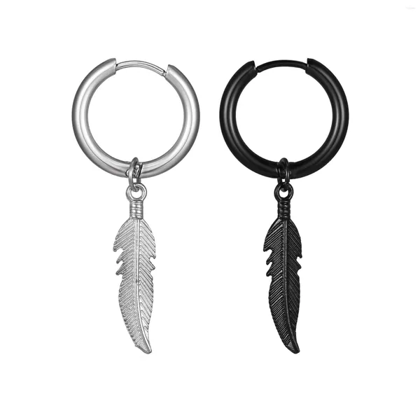 Boucles d'oreilles créoles Style coréen Punk pour hommes, pendentif plume en acier titane, Clip d'oreille Simple vent noir tendance inoxydable