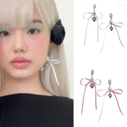 Boucles d'oreilles cerceaux Version coréenne Style INS ROSE BLANC RIBBON SIRVER