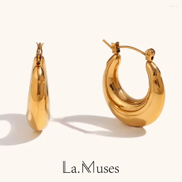 Boucles d'oreilles de cerceau la.Mus minimalistes rationalisés surface lisse creux pour les femmes en acier inoxydable plaqué or 18K