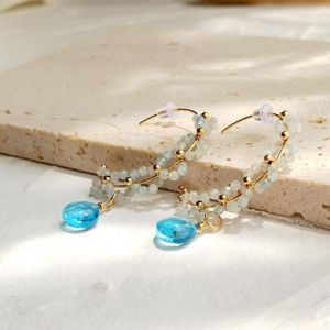 Boucles d'oreilles créoles Lii Ji aigue-marine naturelle Quartz bleu clair 14K or rempli bijoux faits à la main pour les femmes cadeau