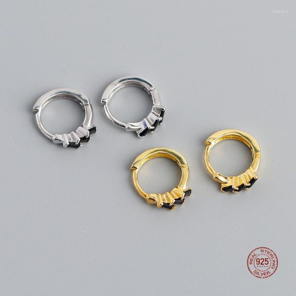 Pendientes de aro LKO Plata de Ley 925 auténtica cristal negro para mujer Simple elegante bloque oreja Clip chica Chic cumpleaños joyería