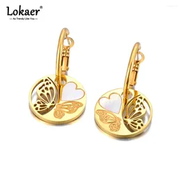 Boucles d'oreilles créoles Lokaer en acier inoxydable étoile lune papillon coquille pour femmes étanche PVD plaqué bijoux de déclaration à la mode E23213