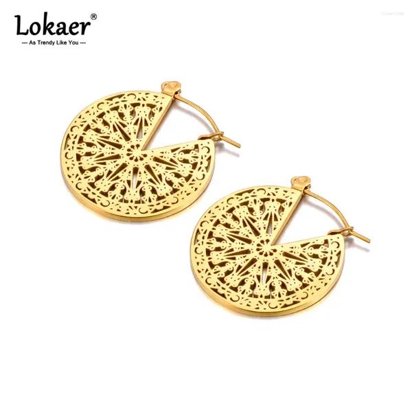 Pendientes de aro Lokaer Vintage redondo hueco geométrico grueso Color oro textura de acero inoxidable joyería étnica para mujeres E23205