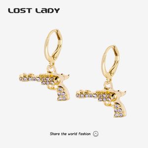 Pendientes de aro Lost Lady moda Punk Gun para mujer Color dorado exquisita pistola colgante pendiente diamantes de imitación joyería al por mayor Huggie