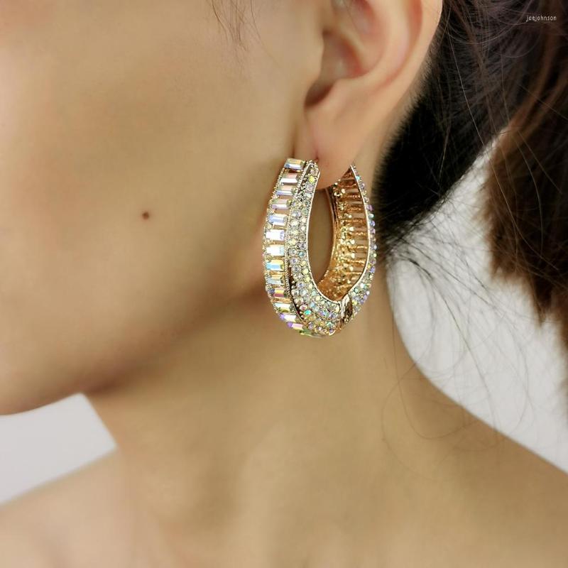 Boucles d'oreilles créoles de luxe Zircon cubique cristal strass gros gros pour les femmes bijoux de mariage couleur or alliage