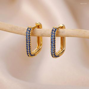 Boucles d'oreilles créoles luxe CZ bleu Rectangle pour femmes acier inoxydable 2023 à la mode mariage mode bijoux