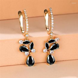 Boucles d'oreilles créoles luxe femme cristal fleur noir Zircon pierre goutte d'eau couleur or mariage pour les femmes