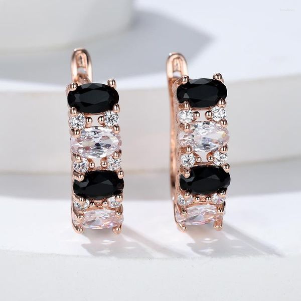 Boucles d'oreilles créoles de luxe ovale blanc noir pierre en forme de U pour les femmes couleur or Rose Zircon mariage petite boucle d'oreille bijoux d'anniversaire