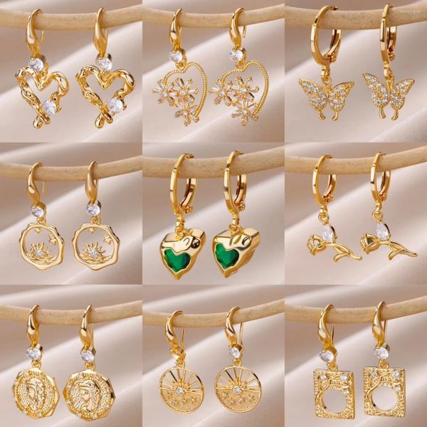 Pendientes de aro de circón de lujo para mujer, moda, corazón, mariposa, ahuecado, Color dorado, pendiente de acero inoxidable, regalo de fiesta, joyería