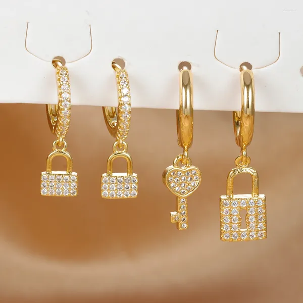 Boucles d'oreilles créoles de luxe en Zircon, serrure à clé asymétrique pour femmes et hommes, plaqué or, en acier inoxydable, bijoux de mariage pour Couple, Aretes