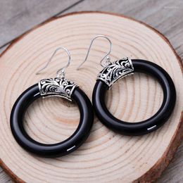 Boucles d'oreilles créoles MeibaPJ Real S925 Sterling Silver Retro Thai Atmosphere Circle Black Agate Exquis Gift Jewelry