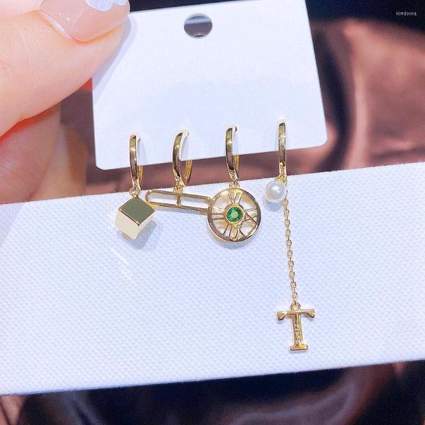 Pendientes de aro MIGGA 4 Uds. Conjunto de números romanos de cristal verde para mujer joyería geométrica de Color dorado