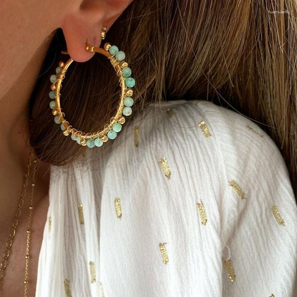 Boucles d'oreilles créoles Minar brin de pierre naturelle colorée pour les femmes en acier inoxydable plaqué or 18 carats grande boucle d'oreille cercle rond