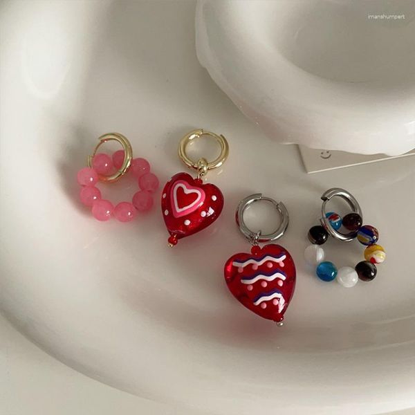Boucles d'oreilles créoles Minar mignon romantique asymétrique rouge rose multicolore peinture pierre naturelle verre coeur rond cercle pour femmes dame