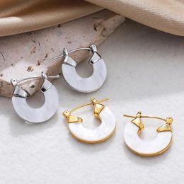 Boucles d'oreilles créoles minimalistes, coquille épaisse, opale, cercle rond en acier inoxydable plaqué or, boucle d'oreille martelée, bijoux élégants