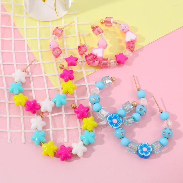 Boucles d'oreilles créoles multicolores, grand rond en argile polymère acrylique pour femmes, mode fleur étoile perles filles, bijoux cadeaux de fête