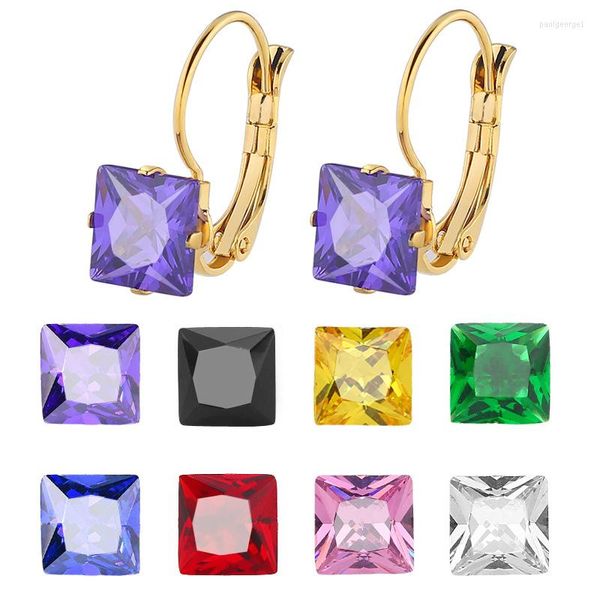 Boucles d'oreilles créoles en cristal multicolore pour femmes, en acier inoxydable, 4 griffes carrées, boucle en Zircon, bijoux hip hop, vente en gros