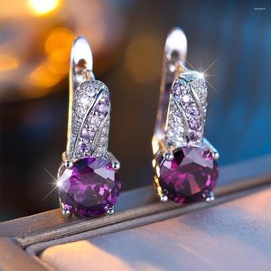 Boucles d'oreilles cerceau charme mystique violet haute qualité coupe ronde cubique zircone cristal mariage clips d'oreille percés pour les femmes