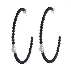 Boucles d'oreilles créoles Agate noire naturelle avec perle de culture d'eau douce cercle fait main pour femmes bijoux bohème cadeau