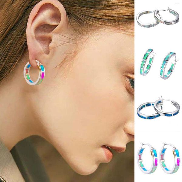 Boucles d'oreilles créoles pierre opale ronde bijoux colorés tempérament boucle d'oreille en forme de C acier inoxydable femmes accessoires Pendientes