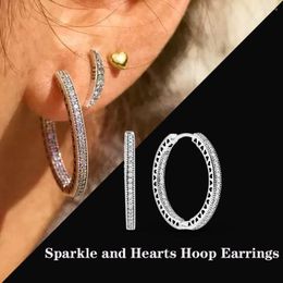 Pendientes de aro Original Sparkle And Hearts Silver Pure Elegant Drop Girls Compromiso Regalo Mujer Joyería