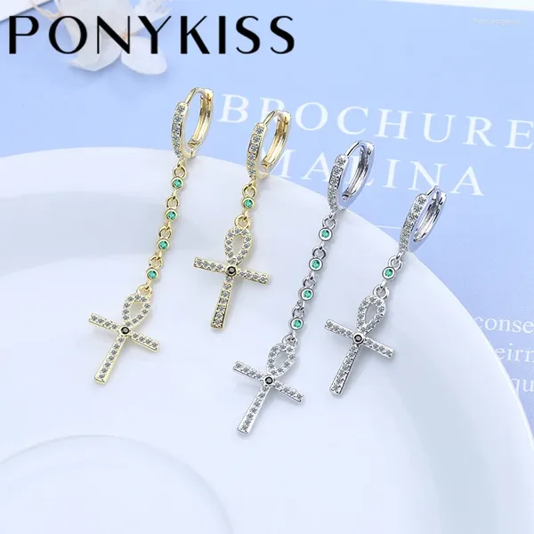 Pendientes de aro PONYKISS, moda de Plata de Ley 925, circonita cruzada asimétrica, hebilla de oro de 14K para mujer, joyería fina de hip hop