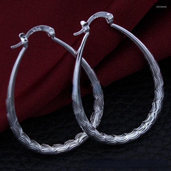 Boucles d'oreilles cerceaux jolis 3cm Circle Ovale Fish Pattern 925 STERLING SIGHT FOR WOMMES FOLM FORKING MARIED BIJECT