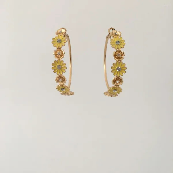 Boucles d'oreilles en forme de cerceau pour femmes et filles, joli placage de couleur or, fleur jaune, marguerite, emballage de bijoux, boîte cadeau