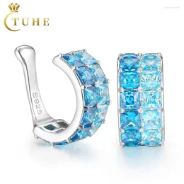 Boucles d'oreilles cerceaux princesse Cut Gradient Blue CZ Cuff High Quality 925 Silver Silver Cluster Diamond Men's Jewelry Gift