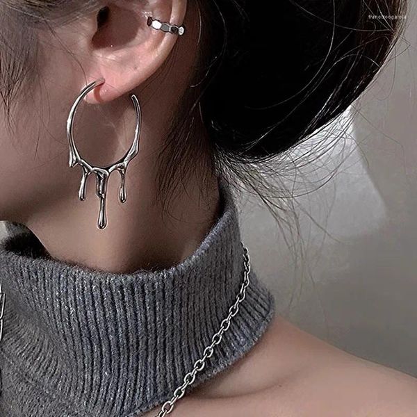 Pendientes de aro Punk gótico Color plata Lava forma de gota Irregular grande para Mujeres Hombres moda joyería coreana 2024 Accesorios