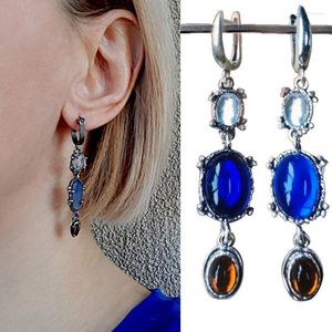 Boucles d'oreilles créoles Punk personnalité géométrique longue pour les femmes Vintage métal bleu couleur pierre de lune balancent bijoux de mode