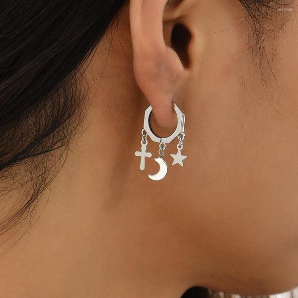 Pendientes de aro Punk Color plata Luna estrella forma de cruz borla para mujer moda geométrica octágono joyería fina regalos