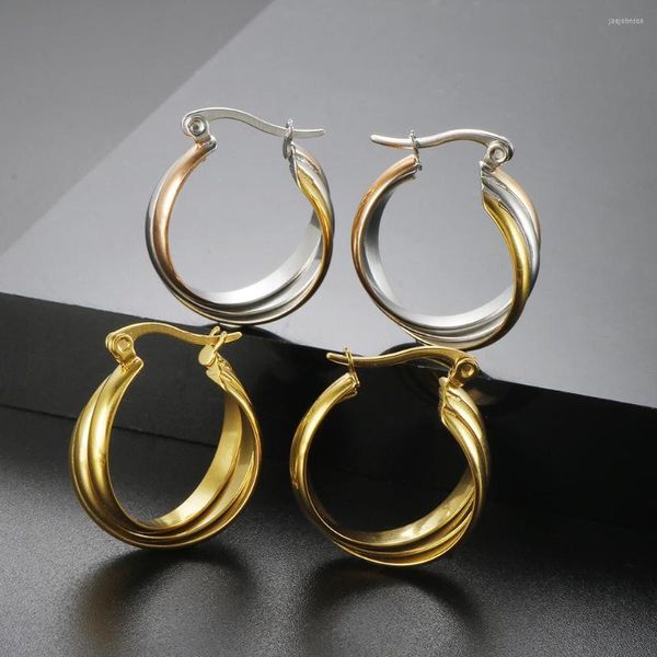 Pendientes de aro Punk de acero inoxidable ovalado trenzado para mujer, círculo de tres colores, placa de oro de 18 K, joyería de Metal resistente al agua