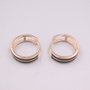 Boucles d'Oreilles Créoles Or Rose Pur 18K 14x4mm Double Motif Trait Noir Rond