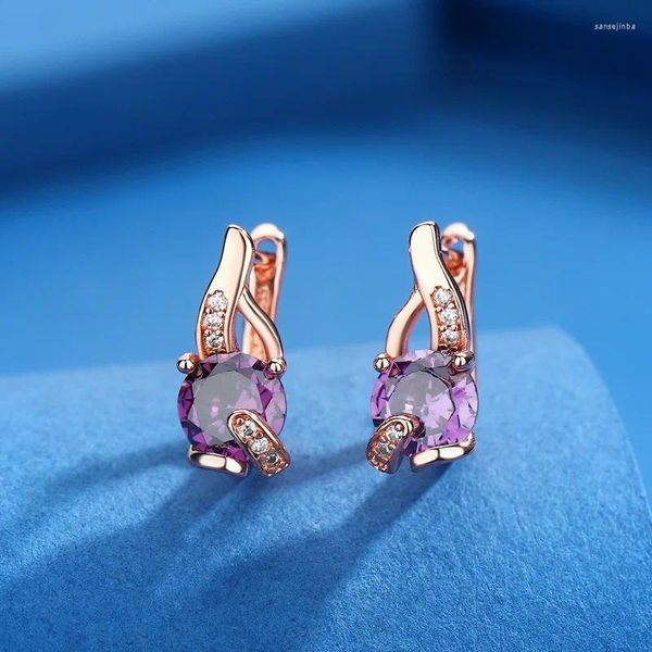 Boucles d'oreilles créoles en cristal violet, pierre ronde, Zircon blanc, petit pour femmes, Vintage, couleur or Rose, bijoux minimalistes de mariage