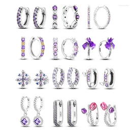 Boucles d'oreilles créoles en Zircon violet pour femmes, argent 925, pavé Original, cercle rond, fleur, luxe, bijoux fins, cadeau