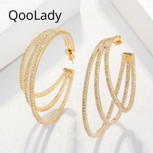 Boucles d'oreilles créoles QooLady 3 rangées mode luxe Micro pavé CZ couleur or Chic grande boucle cercle dames rondes pour femmes bijoux E126