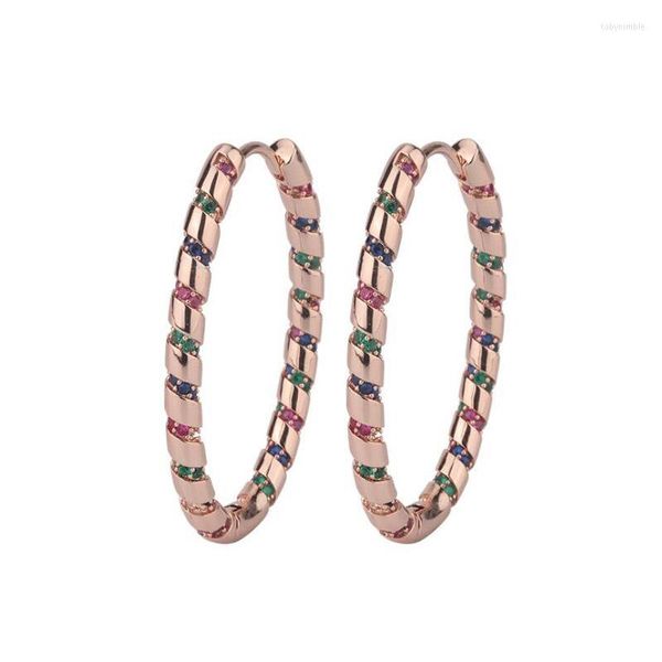 Boucles d'oreilles créoles qualité mode or Rose couleur Micro mosaïque fantaisie Nano CZ rayure grand cercle pour femmes marque bijoux