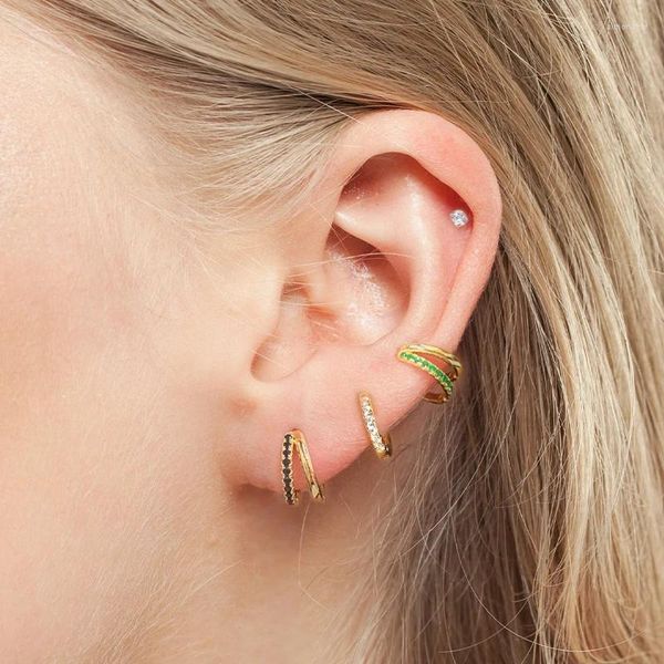 Pendientes de aro QUKE Color doble círculo pendiente de Plata de Ley 925 para mujer cartílago accesorios de circón Natural tendencia 2023