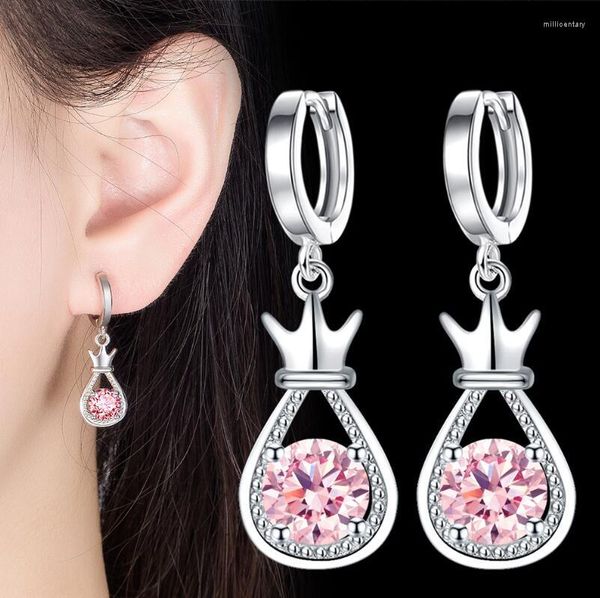 Pendientes de aro Real 1 quilate redondo Moissanite diamante corona mujeres 925 plata esterlina brillante boda fiesta joyería fina