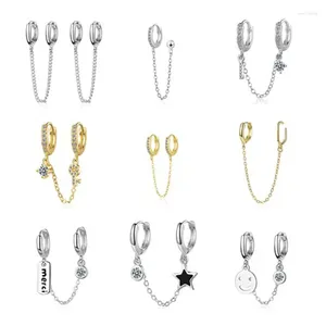 Boucles d'oreilles créoles en argent Sterling 925 véritable, Double chaîne, Clip sur manchette d'oreille pour femmes, sans Piercing, bijoux DA1700