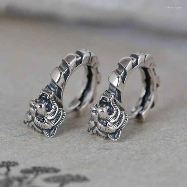 Pendientes de aro Real S925 joyería de plata pura Retro moda mujer Arte Simple cabeza de tigre hombres