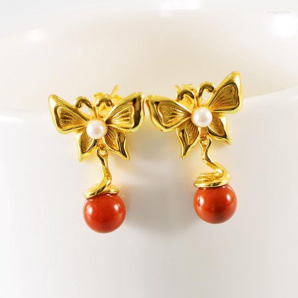 Boucles d'oreilles créoles en argent Sterling S925 plaqué or, rétro, Style cour rouge du sud, perle papillon, bijoux à breloques exquis