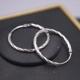 Pendientes de aro de plata sólida 925 auténtica para mujer, regalo, círculo de torsión de sarga tallada de la suerte