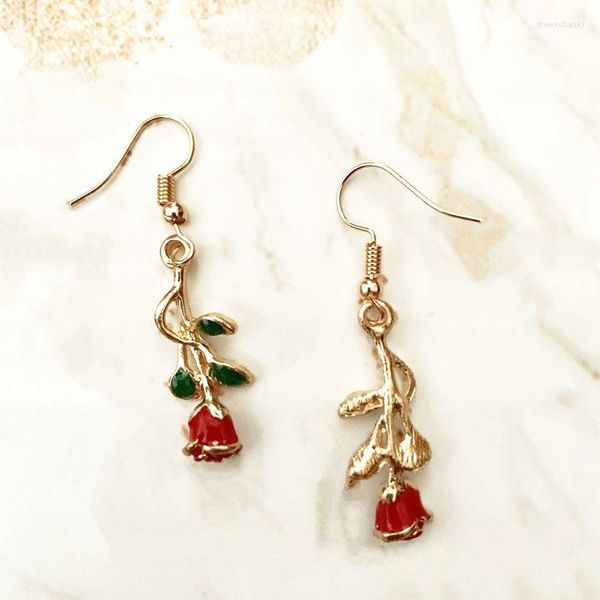 Boucles d'oreilles cerceau rouge Rose fleur or alliage de Zinc délicat 3D solide breloques balancent femmes goutte bijoux de mode goutte